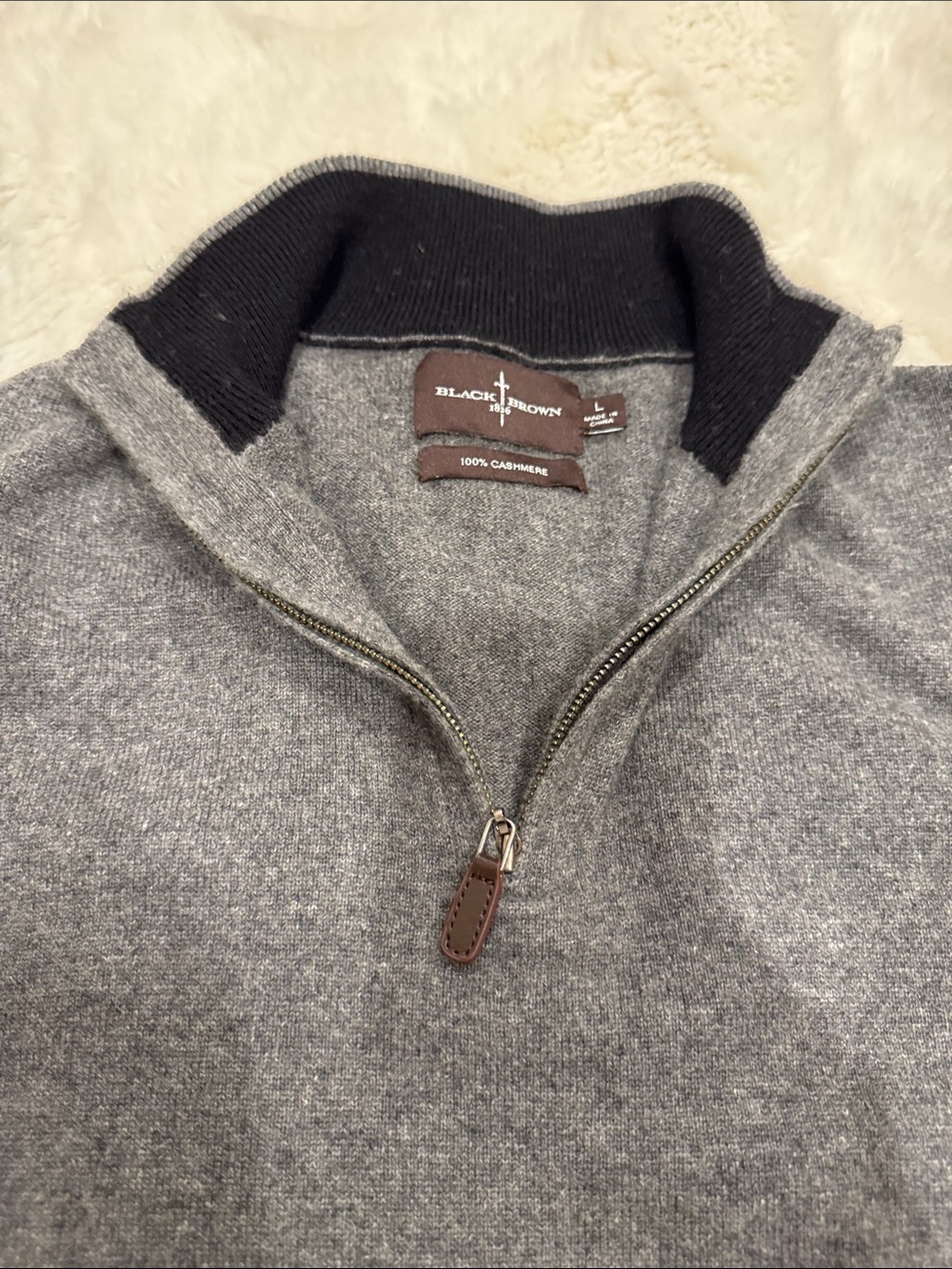 Black Brown 1826 Men's Gray Cashmere Half-Zip Sweater with Black Collar
